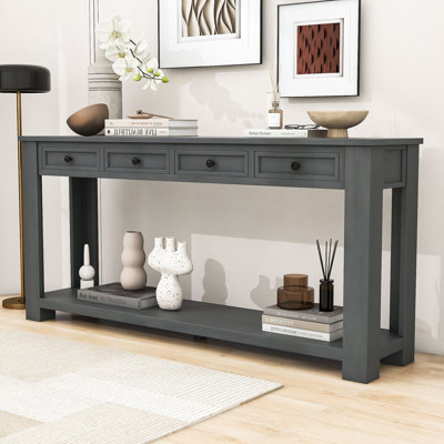 Hauke Wooden Console Table with Four Storage Drawers and Shelf for Living Room