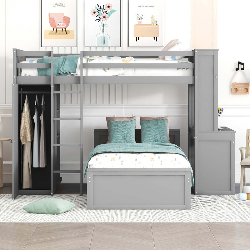 Space-Saving Loft Bed with Integrated Study and Storage, Gray