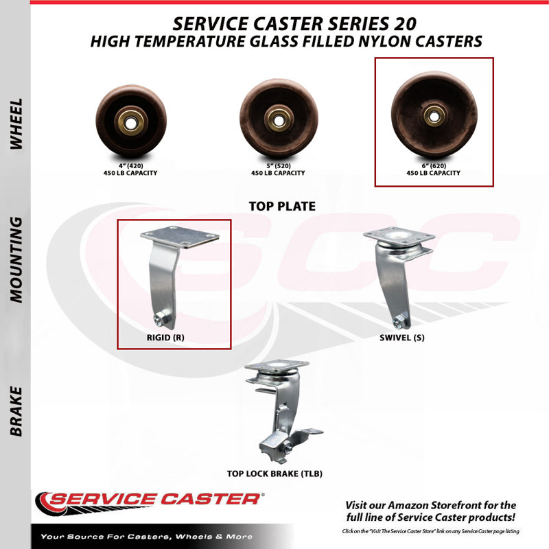 6 Inch High Temp Glass Filled Nylon Wheel Rigid Caster with Bronze Bearing SCC|SCC-20R620-GFNBZHT