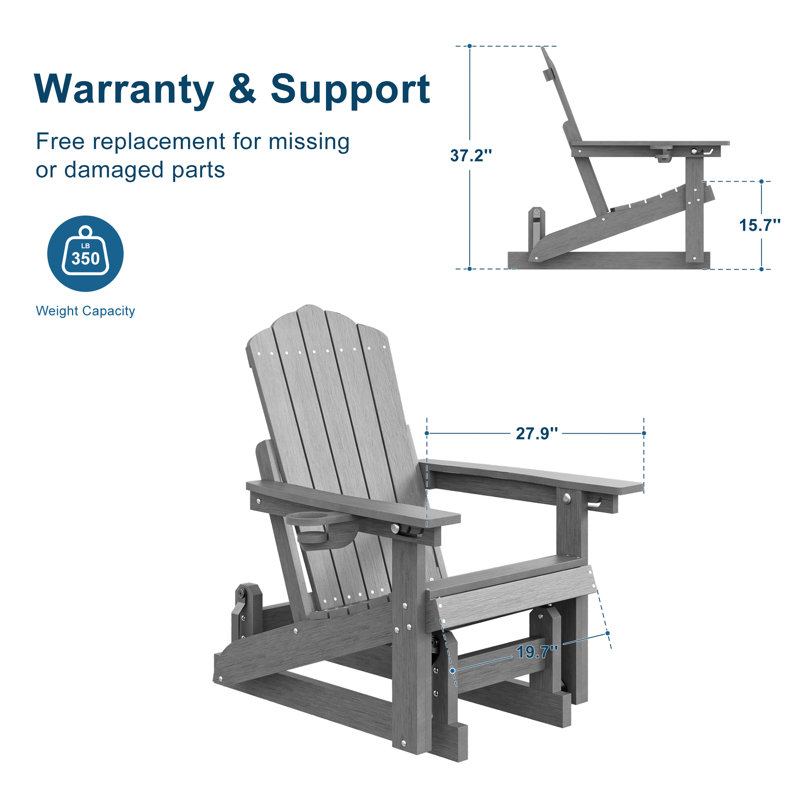 Glider Adirondack Chair, All-Weather HDPE Plastic 3-Position Adjustable Rocking Outdoor Patio Chair for Deck Backyard Fire Pit Garden Lawn Porch