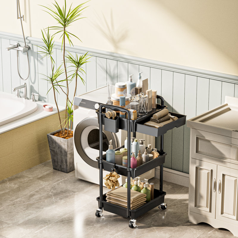 3 Tier Rolling Cart with Drawer & Lockable Wheels, Plastic Shelf Storage Organizer Cart, Black, 3 Tier