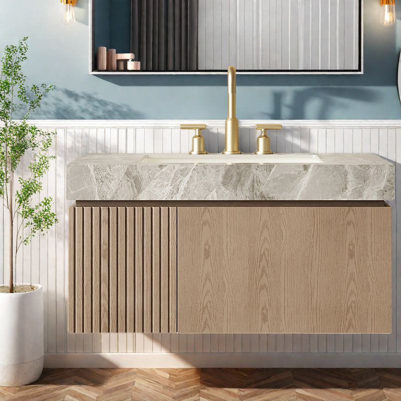 Meuble-lavabo moderne avec lavabo, pierre frittée italienne, rangement spacieux