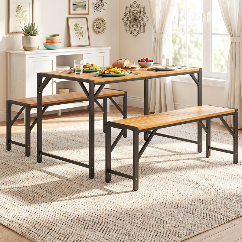 Ensemble de salle à manger 3 pièces en bois d'acacia avec trou pour parasol et 2 bancs sans dossier