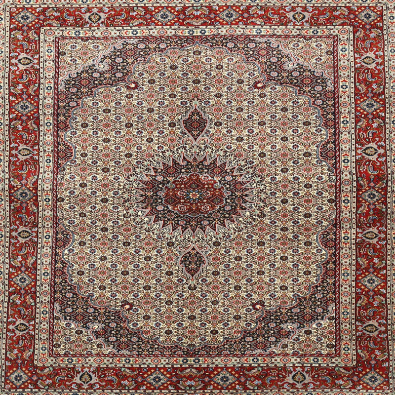 Tapis rouge/beige/noir traditionnel, Carré 5 pi
