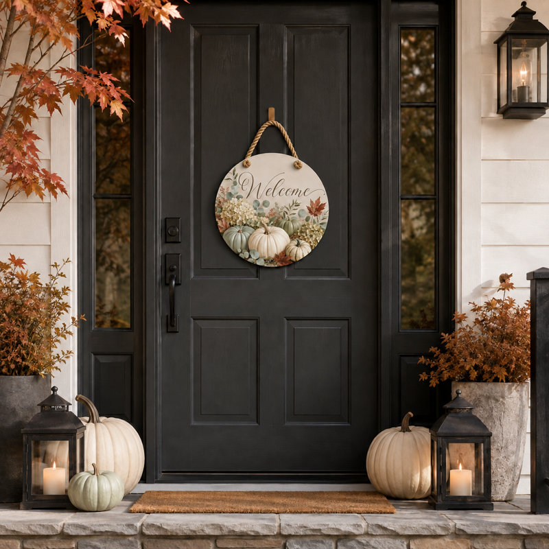 Décoration de porte ronde intérieure/extérieure « Bienvenue à l'automne » avec citrouille et hortensias