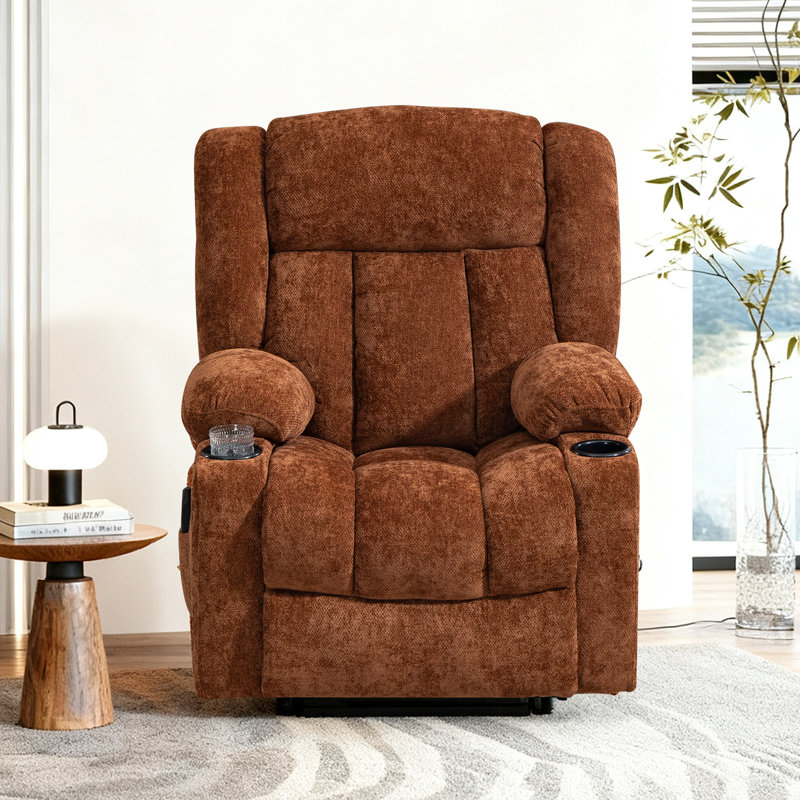 Power Lift Zero Gravity Recliner With Massage Heat Cup Holders  Side Pocket and USB Port, Brown, Chenille