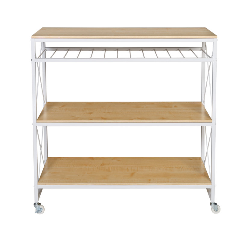 White and Oak Rolling Kitchen Cart with Wine Rack and Storage