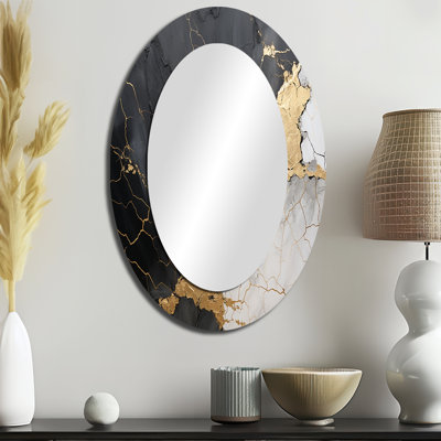 Grand miroir mural ovale en métal or noir sur poteries III
