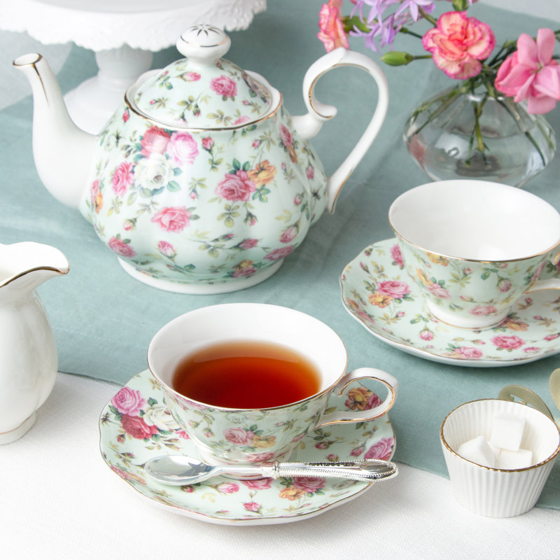Service à thé en porcelaine 5 pièces Grace Teaware Blue Cottage Rose Chintz
