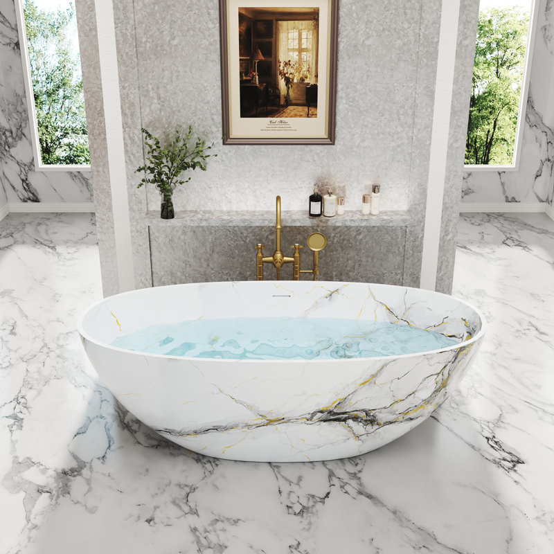 CASAINC 65" Solid Surface Freestanding Soaking Bathtub With Pattern, Matte White