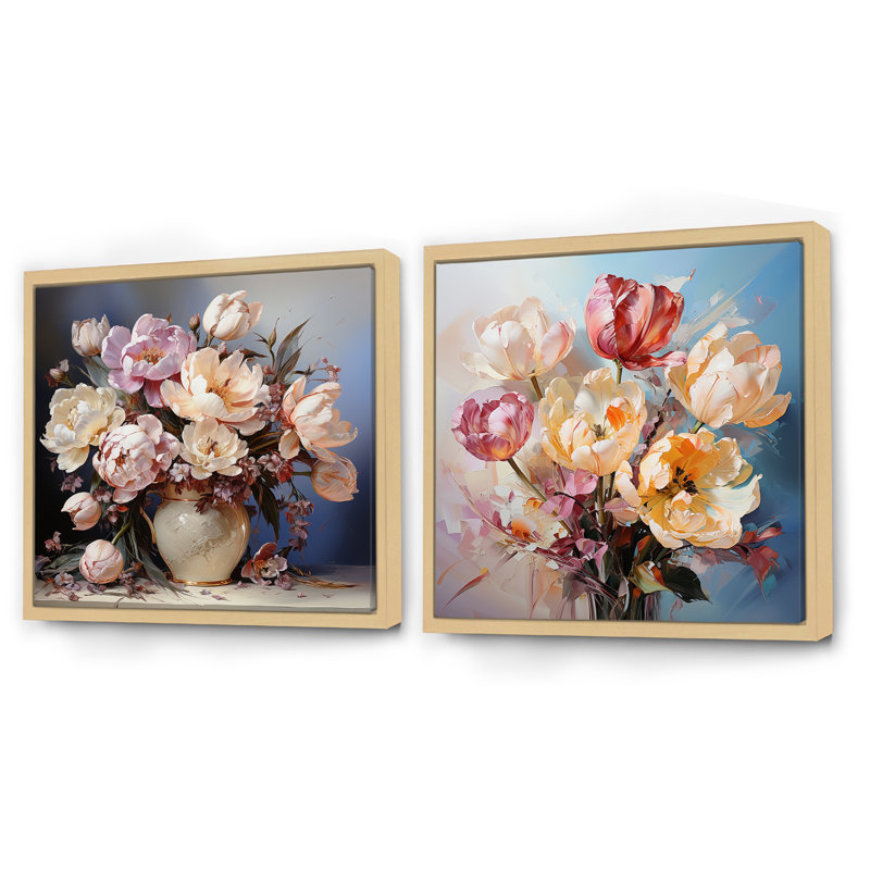 "Nature morte bouquet de tulipes" 2 pièces, Cadre flottant brun, H 30 po x l 61 po