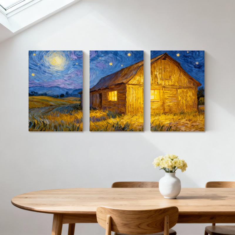 Abstrait nuit étoilée grange, ensemble de 3 reproductions d'art sur toile, H 30 po x l 60 po