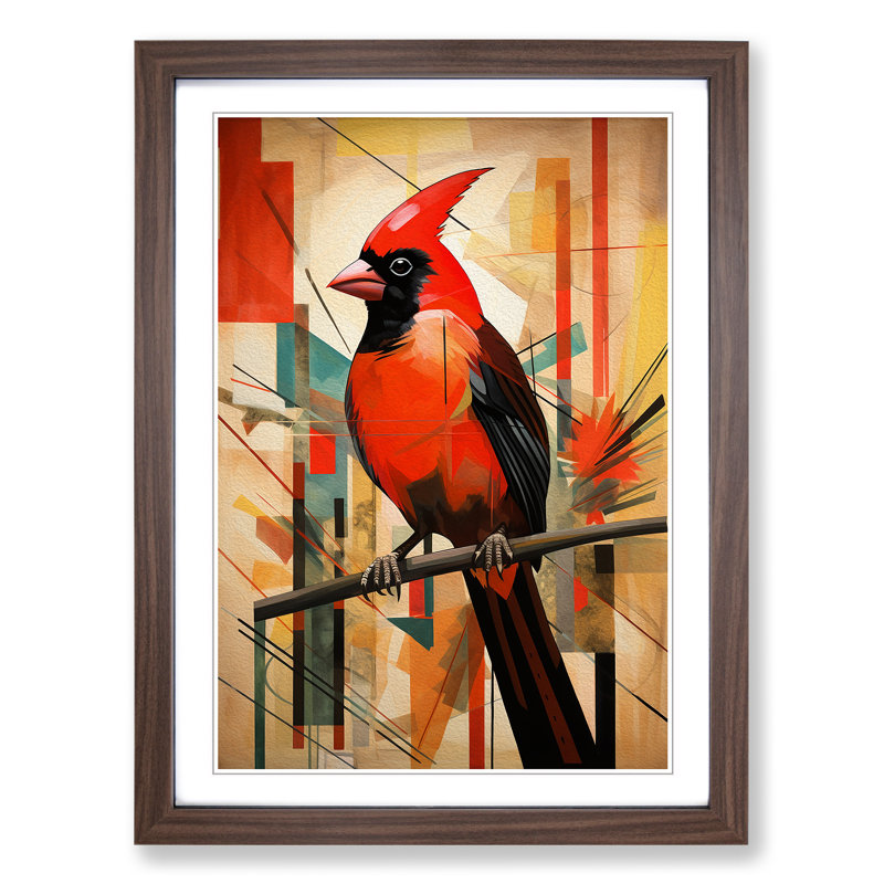Cardinal Bird Constructivism - Framed Print, 46cm H x 34cm W x 2cm D, Walnut Framed