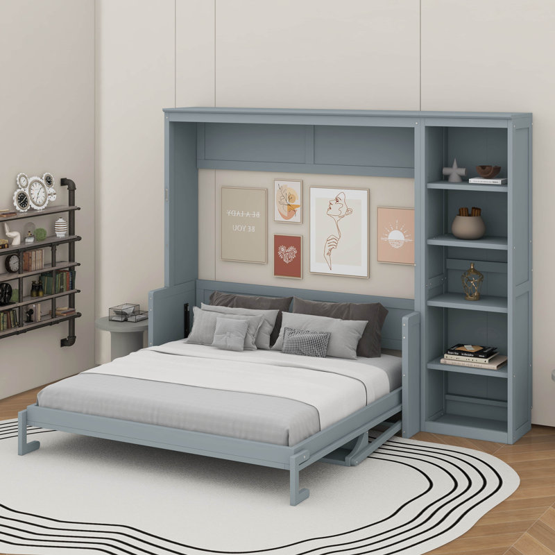 Grand lit escamotable avec bureau et bibliothèque, Gris, Grand lit