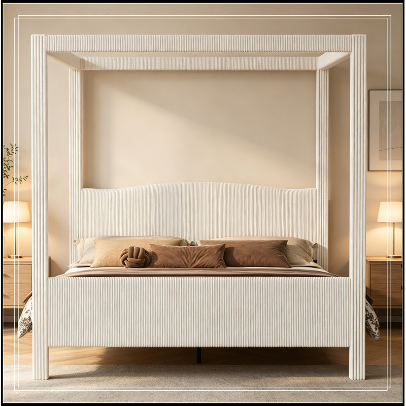 Grand lit tapissier avec plateforme et tête de lit Geib, Beige