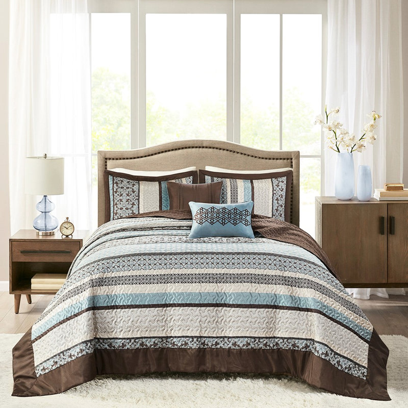 Couvre-lit 5 pièces bleu roi - avec motif de feuilles ornées réversible, King Bedspread + 4 Additional Pieces, Blue