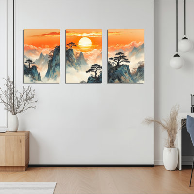 Paysage chinois coucher de soleil sur toile tendue, reproduction de peinture à l'huile (ensemble de 3)