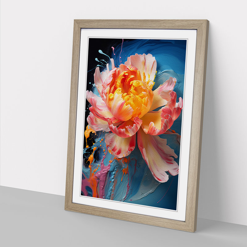 Peony Flower Expressionism - Single Picture Frame Print on Wood, Oak Framed, 64cm H x 46cm W x 2cm D
