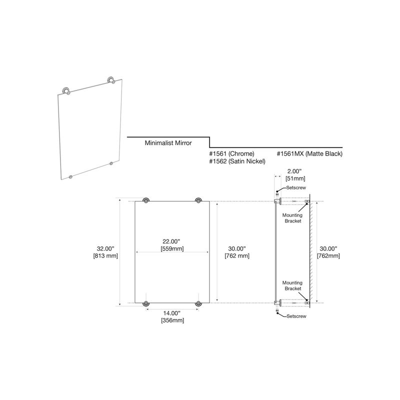 Latitude Wall Mount Frameless Rectangle Bathroom Vanity Mirror | Mount Landscape or Portrait, Satin Nickel