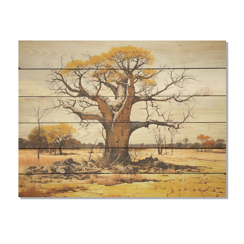 Desert Baobabs Resistance - Tree Baobab Wood Art On Natural Pine Wood, 24" H x 32" W