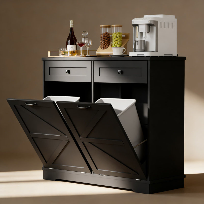 Armoire à poubelle inclinable avec fonction de désodorisation et station de charge intégrée, rangement à double poubelle cachée pour la cuisine et le salon, style maison de campagne en bois