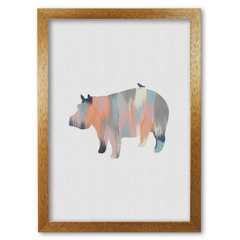 Pastel Hippo - Print, 60 cm H x 42 cm W x 5 cm D, Honey Oak Frame