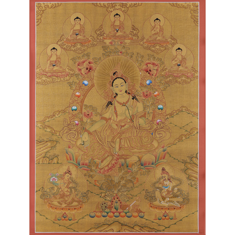 «Green Tara — Swift Compassion» peint à la main Thangka | Toile de coton H 27,2 po x l 18,9 po accentuée d'une feuille d'or 24 carats