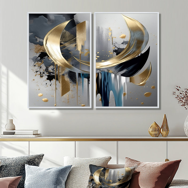 «Abstract Shapes And Lines I», reproductions d'art sur toile dorées, H 36 po x l 48 po, Blanc