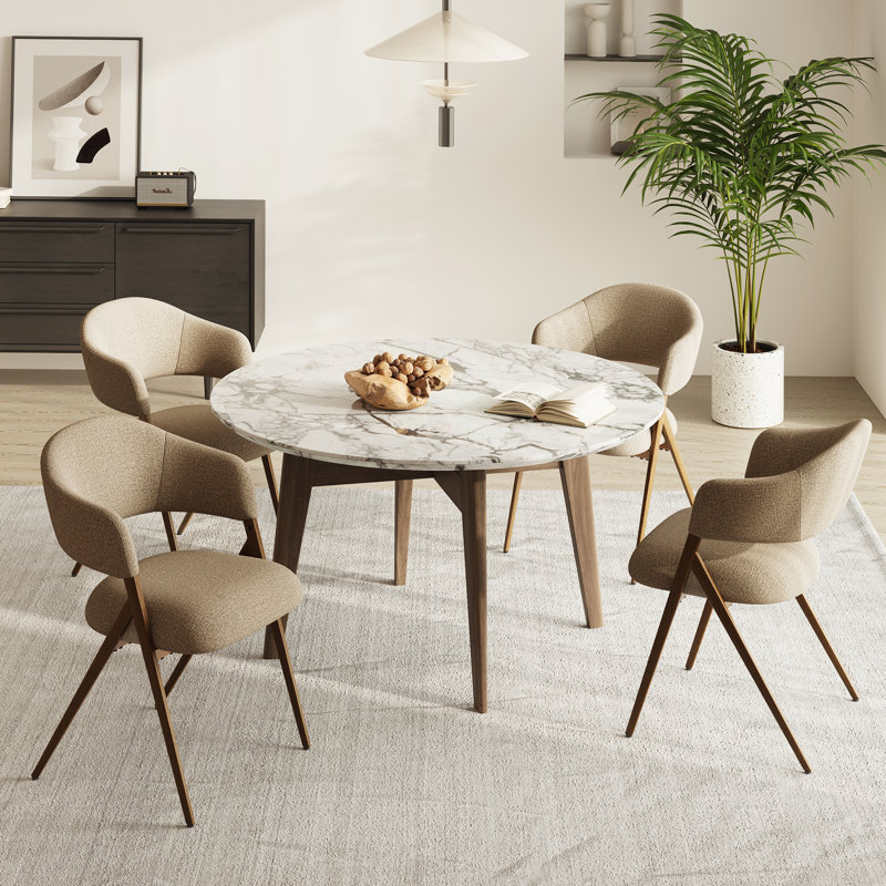 Modern Upholstered Dining Chair with Curved Backrest and Wood-Look Metal Legs, Ergonomic Design and Thick Cushion, Taupe