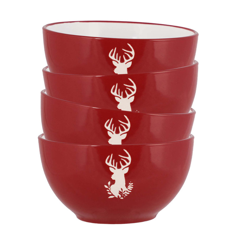 Set Of 4 Red Stag Stoneware Christmas Bowls, Red