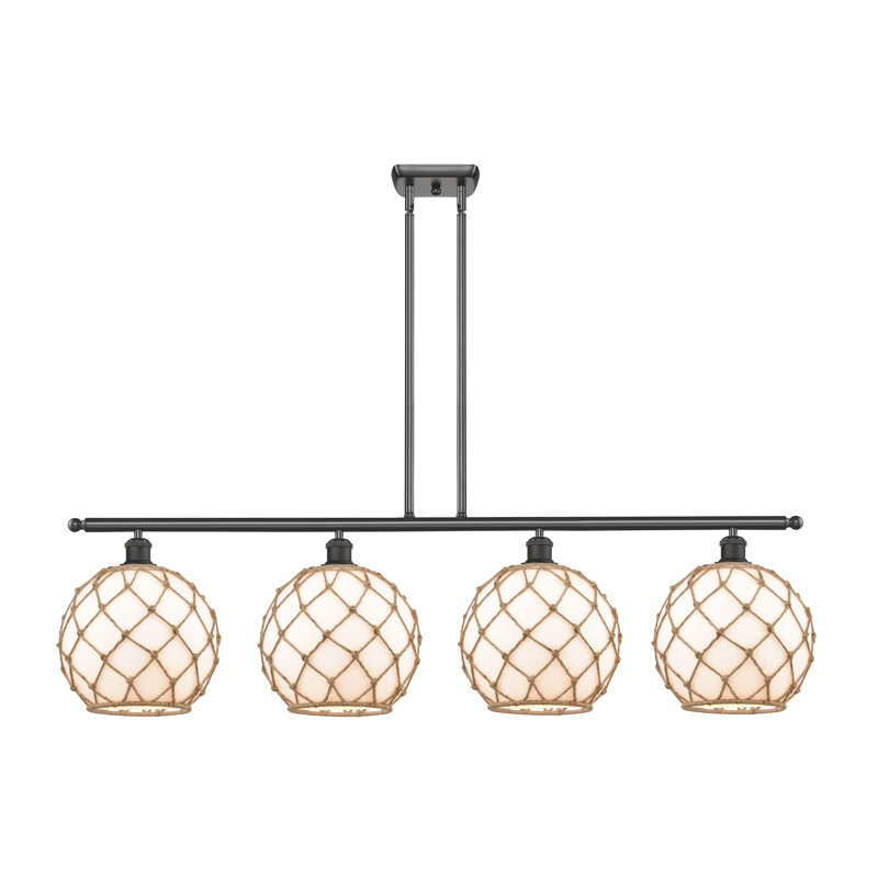 Luminaire suspendu linéaire à 4 lumières pour îlot de cuisine Hilderbrand, Blanc avec corde brune, Ampoule non incluse