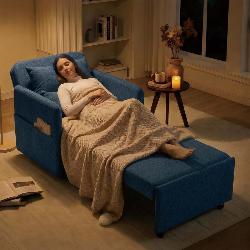  87'L 3-In-1 Convertible Chair Linen Sleeper with Adjustable Backrest and Storage Bag Set Of 2, Blue Linen