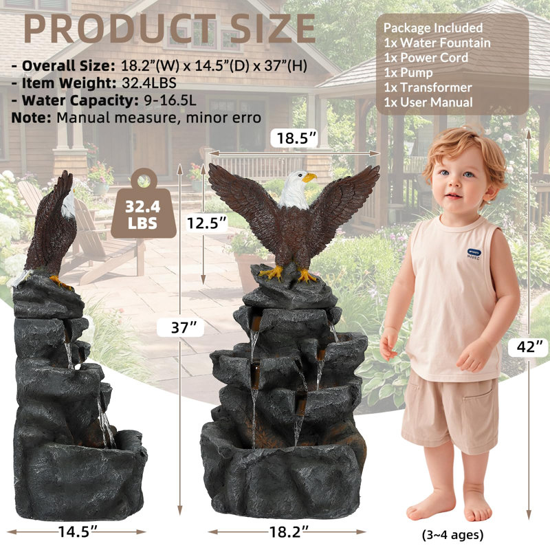 36.98" H Bald Eagle Waterfall Fountain 5-Tier Rock Cascade Resin Garden Water Feature With Led Lights, Outdoor Patio Water Fountain For Yard Porch Lawn And Home Art Decor