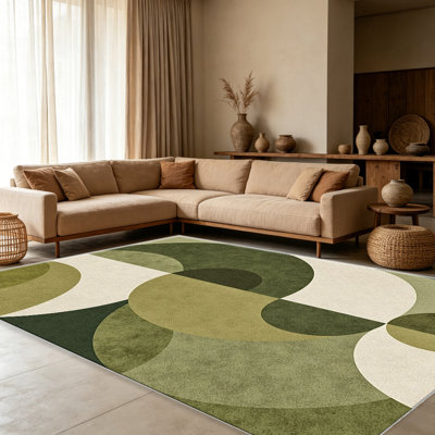 Tapis olive Olive Curve Geo pour le salon, doux et confortable, convient à toutes les saisons, facile à entretenir, tapis de sol intérieur lavable à la machine, sous la table de ferme convenant à la chambre à coucher, à la salle à manger, au bureau, au patio, au balcon, à la maison