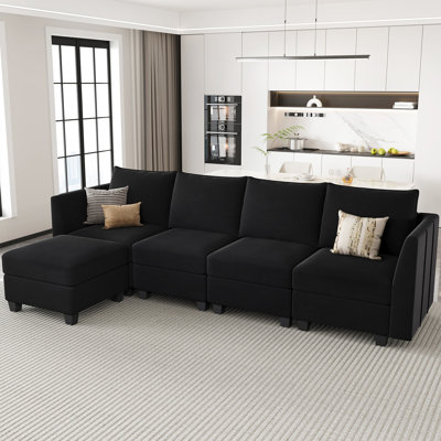 Allinson Velvet L Shaped 4-Seat Modular Freely Combined Sofa Solid Wood Living room Sectional Storage Sofa with Ottoman