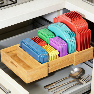 Expandable Bamboo Lid Organizer For Kitchen Cabinet And Drawer, Adjustable Food Container Lid Holder With Dividers For Plastic Lids Storage, Pantry Organizer