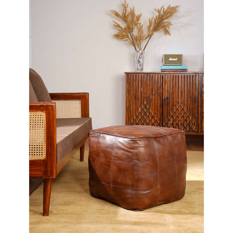 Upholstered Ottoman, Brown Genuine Leather, Square, 18" H x 24" W x 24" D