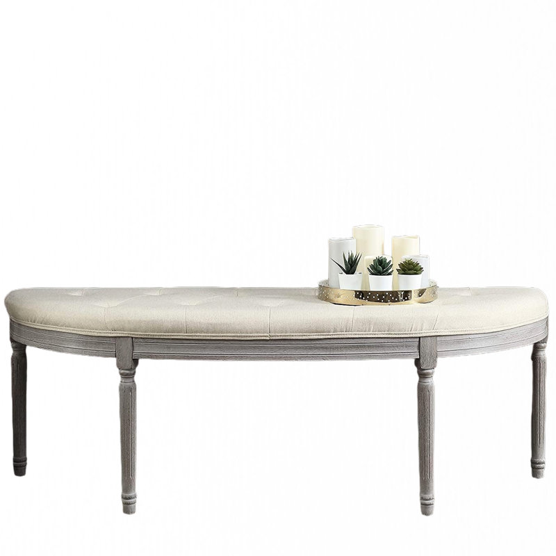 Coastal Button Beige Bench With Weathered Gray Legs, Fits Flush Wall In Bedrooms Or Corridors, Staggered Spot Cleanable, American Design, 20 Height Tufting And Ideal For Foyers, Easy To Clean,