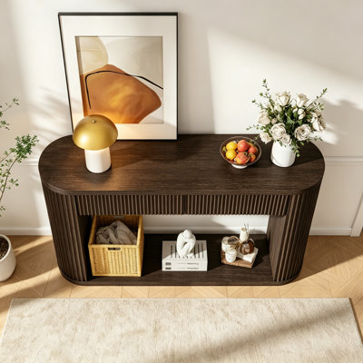 Console ovale cannelée avec 2 tiroirs et tablette inférieure, table d'entrée en bois avec glissières en métal lisse pour le salon, entrée (espresso)