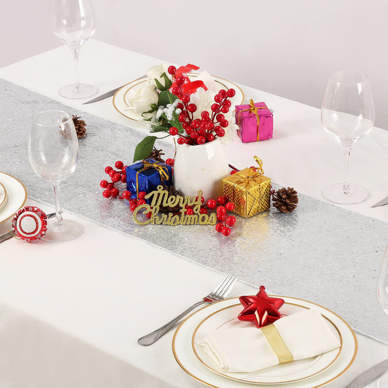 12X72 Inch Rose Gold Sequin Table Runner, 4 Pack, Silver