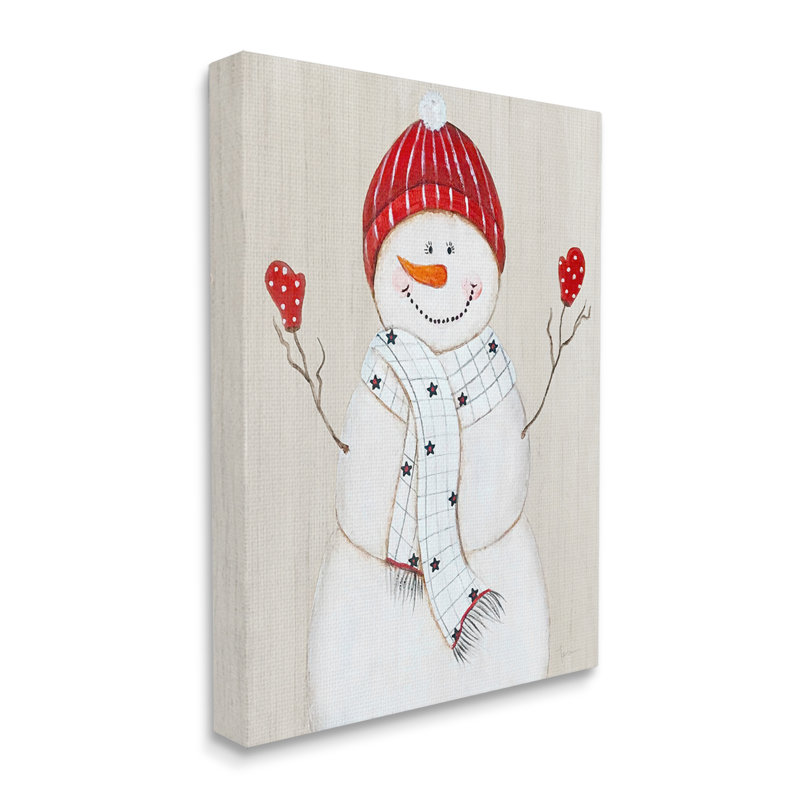 Aw-003-Canvas, bonhomme de neige saisissant, chapeau rouge souriant sur toile par Janet Tava, peinture