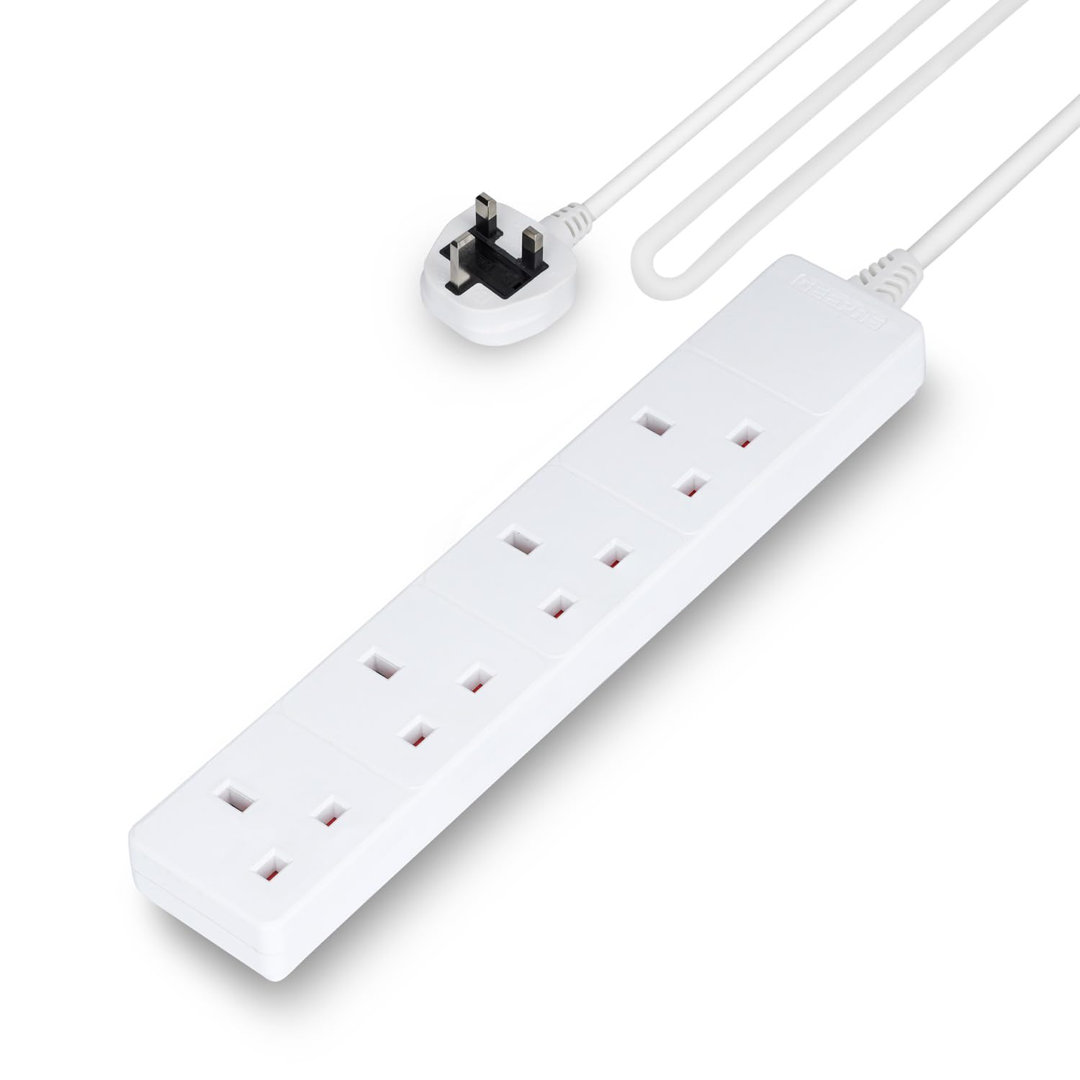 GEEPAS 4 Gang Extension Lead, 2M Cable | 4-Way Plug Extension Cable, Overload Protection | Wall Mountable & Multi Socket Mains Strip for Home Bedroom