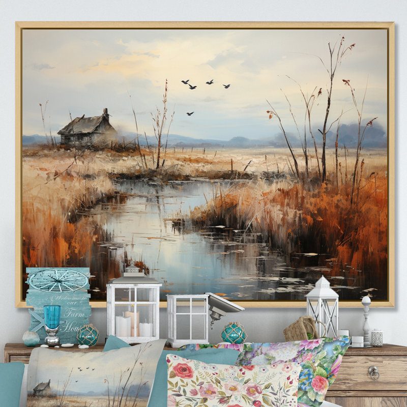 «Danemark Misty Morning Marshes», reproduction sur toile, H 24 po x l 32 po x P 1 po, Cadre naturel flottant