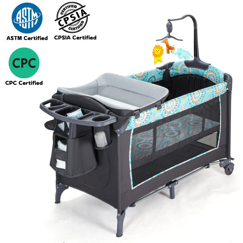 5-in-1 Baby Bassinet Bedside Crib with Mattress, Detachable Changing Table and Carry Bag, Foldable Portable Playard for Newborn Toddlers
