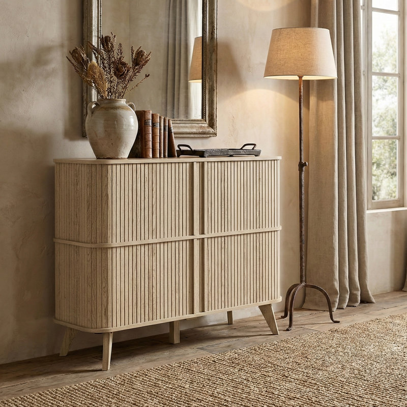 Aurel Mid-Century Modern 16-Pair Shoe Storage Cabinet with Fluted Sliding Doors, Beige