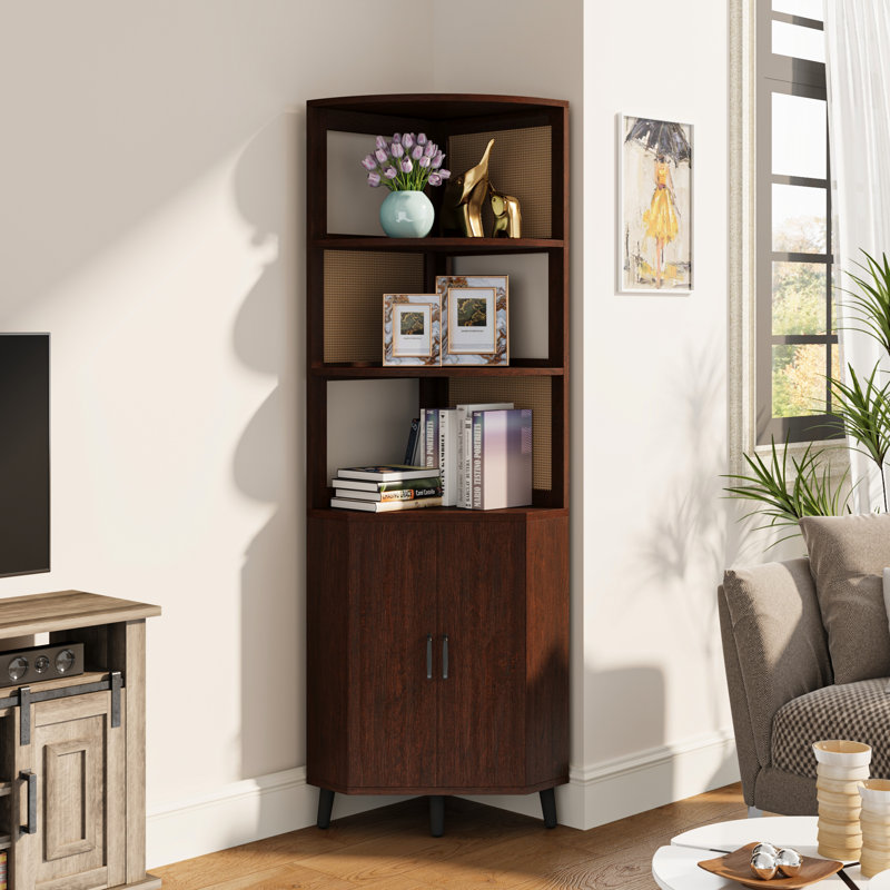 69.7’’H X 17.7’’ W Rattan And Wood Fan-Shaped Storage Bookcase With Doors, 3-Tier Corner Shelf With Cabinet, Dark Walnut