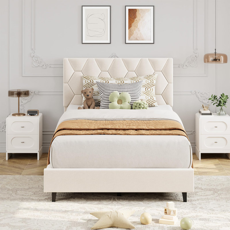 Upholstered Bed Frame, with Height Adjustable Diamond Pattern Headboard, Strong Wood Slat Support, Noise Free, Easy Assembly