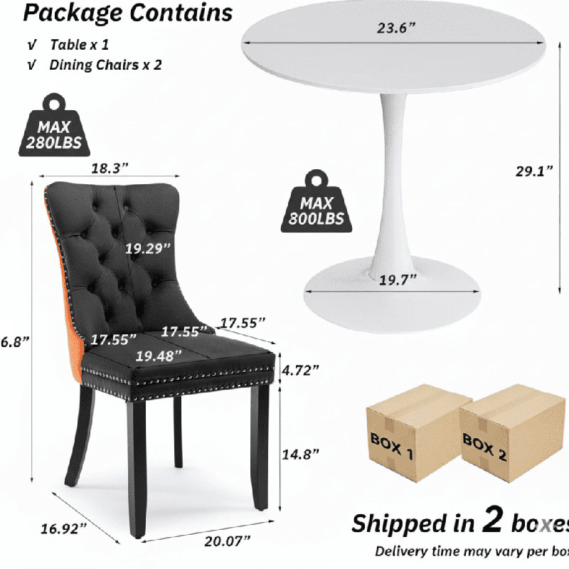 Round Dining Table Sets with 2 chairs, White, Black/Orange