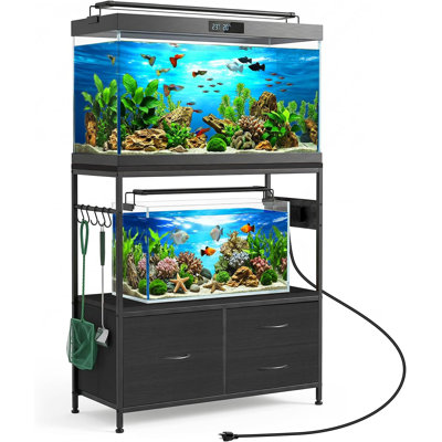 Support d'aquarium en métal robuste pour réservoirs de 20 à 29 gallons - Tablette double, tiroir, prise de courant, 5 crochets, pieds réglables, capacité de 330 lb, mobilier de maison et de bureau moderne, noir