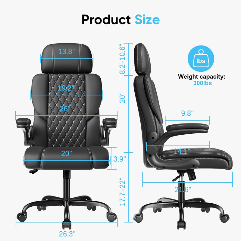 Executive Leather Office Chair, Comfy Desk Chair with Adjustable Headrest & Flip-up Padded Arms & Lumbar Support, Adjustable Hight and Tilt, Rolling Swivel Chair